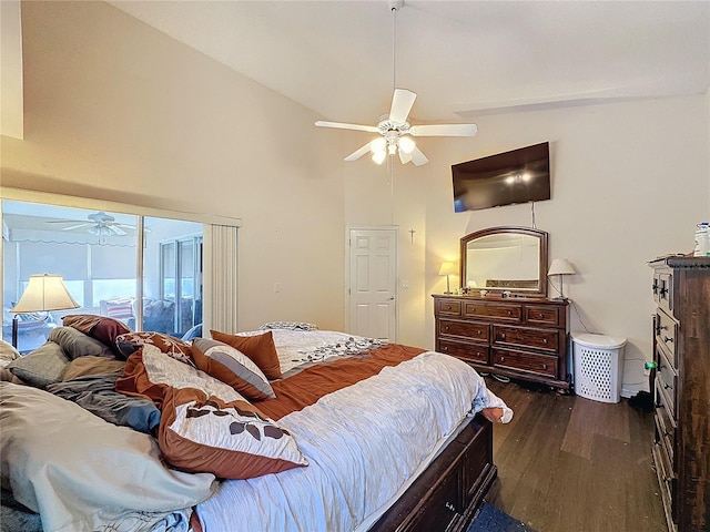 bedroom featuring access to outside, ceiling fan, dark hardwood / wood-style flooring, and high vaulted ceiling