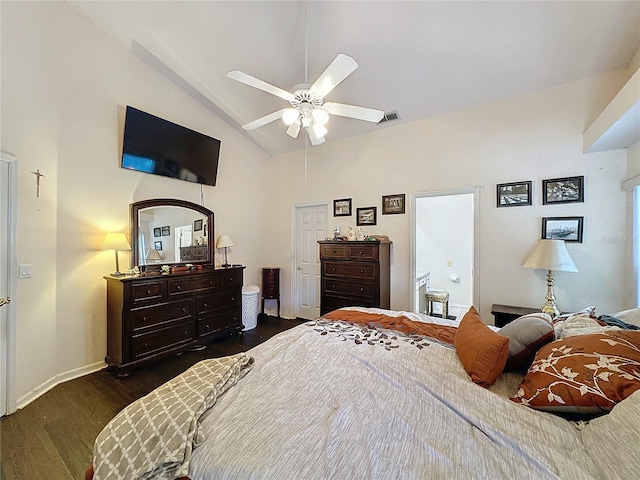 bedroom featuring ceiling fan, dark wood-type flooring, and high vaulted ceiling