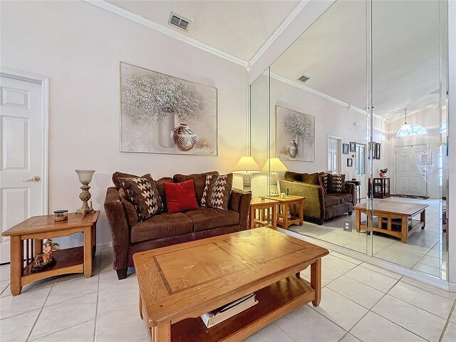 tiled living room featuring crown molding