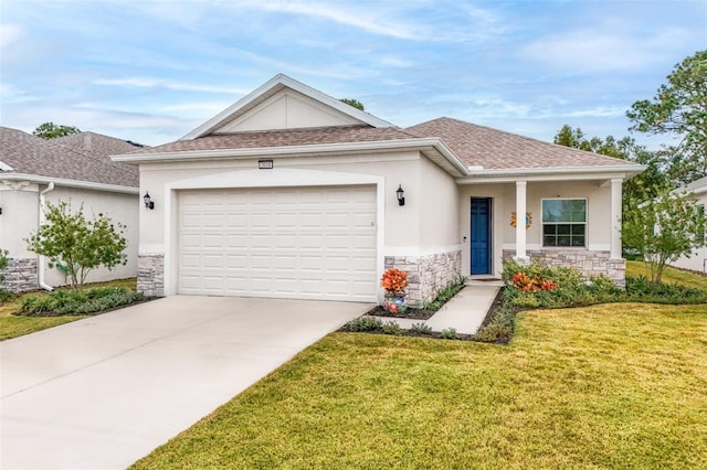 single story home with a garage and a front yard