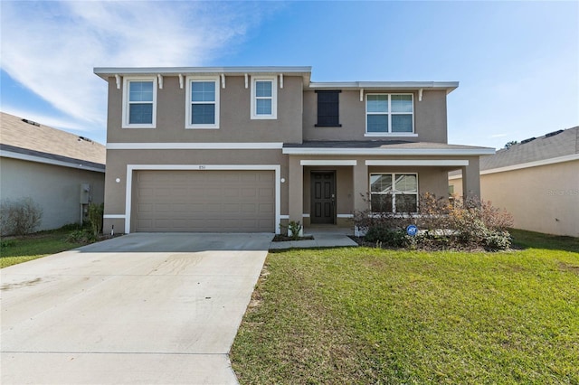 view of front of home with a front yard, a porch, and a garage