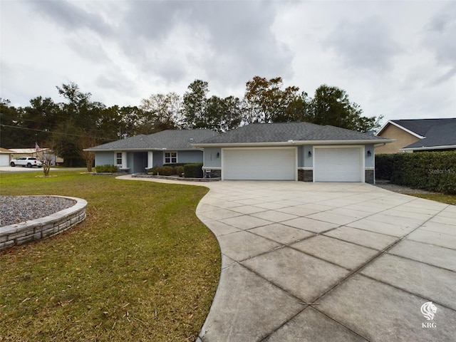 ranch-style home featuring a front yard and a garage