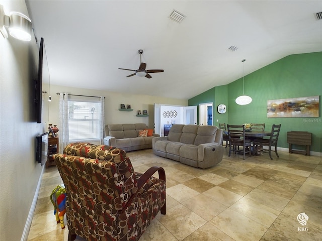 living room with vaulted ceiling and ceiling fan