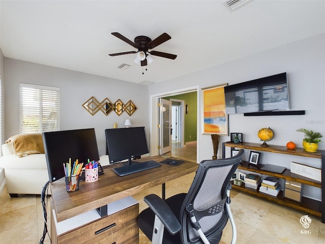 office area featuring ceiling fan and light tile patterned floors