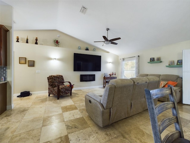 living room featuring lofted ceiling and ceiling fan