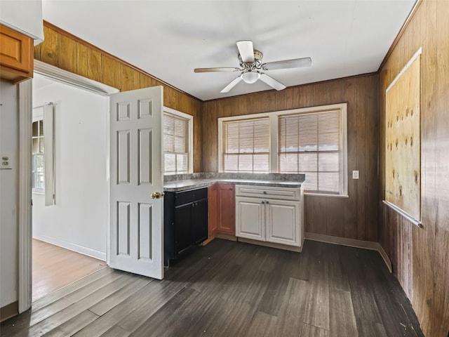 kitchen featuring wood walls, dark wood-type flooring, and ceiling fan