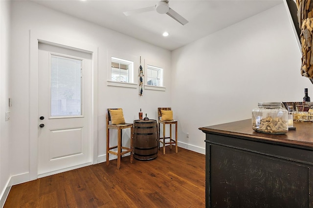 entryway featuring ceiling fan and dark wood-type flooring