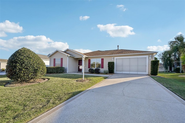 ranch-style house with a garage and a front lawn