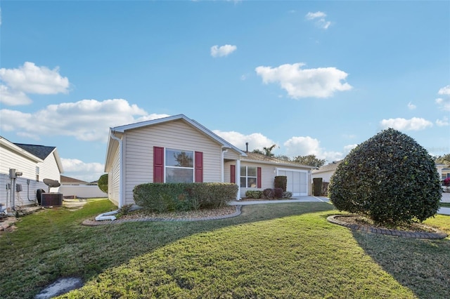 view of front of house with cooling unit, a front lawn, and a garage