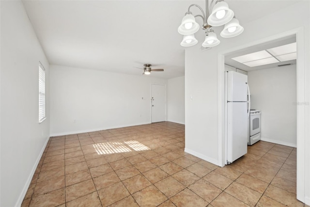 interior space with light tile patterned floors and ceiling fan with notable chandelier