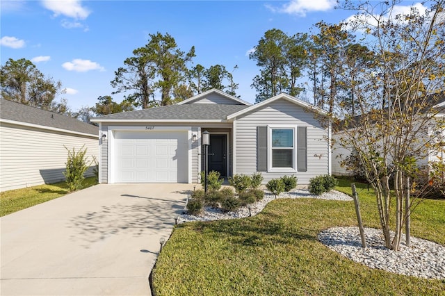 single story home with a front yard and a garage