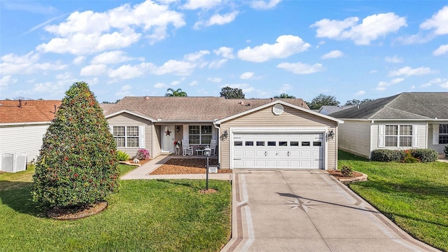 ranch-style home with a front yard, central AC, and a garage