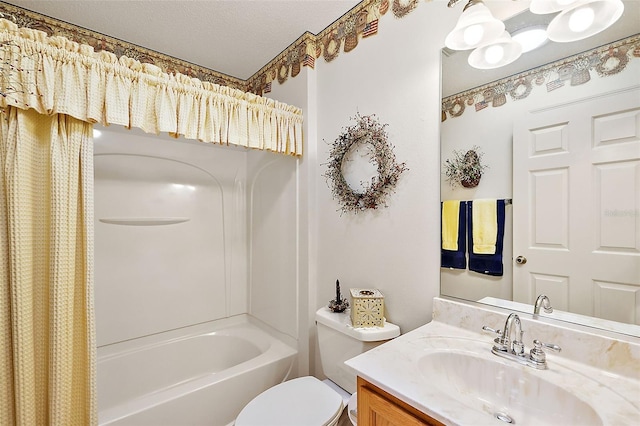 full bathroom with vanity, toilet, and shower / bathtub combination with curtain