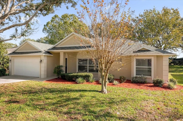 single story home with a front lawn and a garage