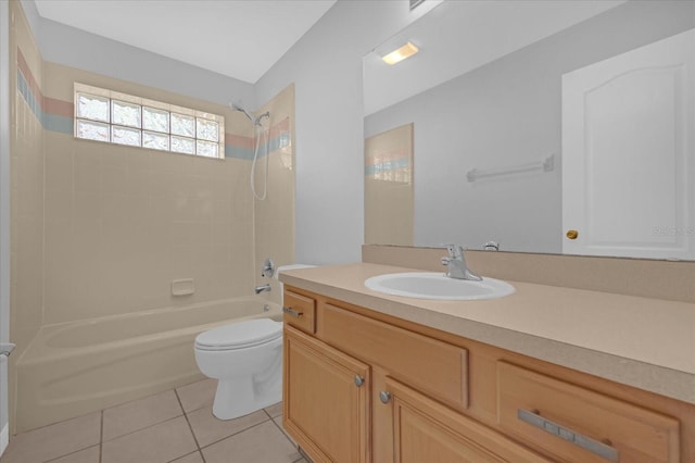 full bathroom featuring tile patterned flooring, vanity,  shower combination, and toilet