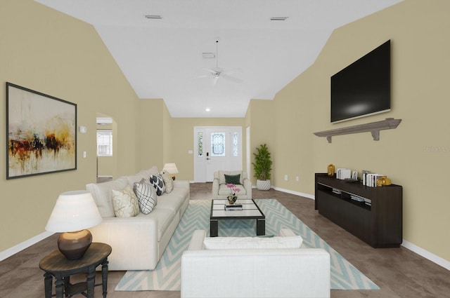 living room featuring high vaulted ceiling and ceiling fan