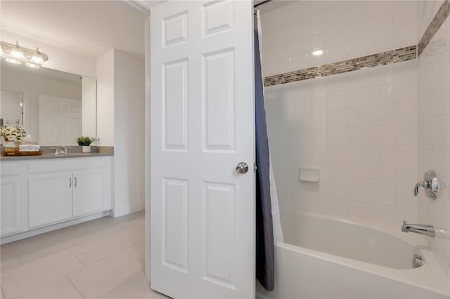 bathroom featuring shower / bath combination with curtain, vanity, and tile patterned floors