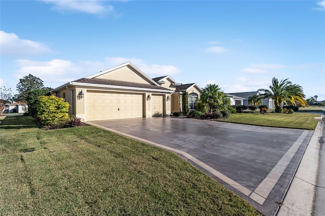 single story home featuring a front yard and a garage