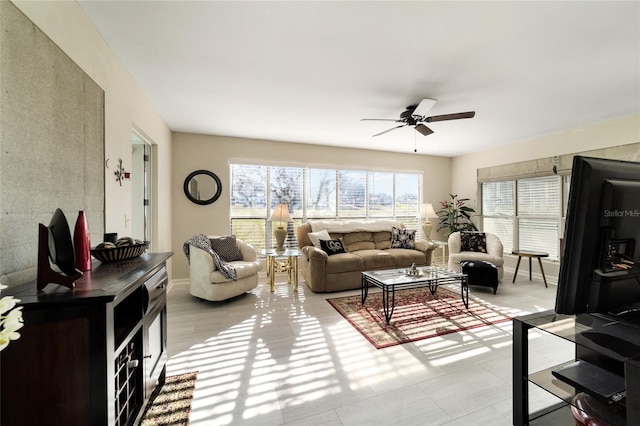 living room featuring ceiling fan