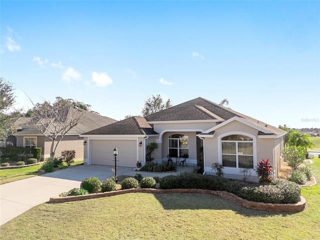 ranch-style house featuring a front yard and a garage