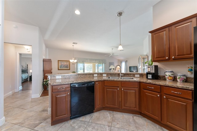 kitchen with kitchen peninsula, decorative light fixtures, dishwasher, ceiling fan with notable chandelier, and sink