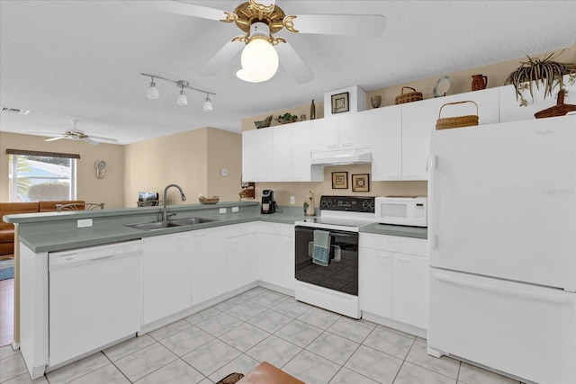 kitchen featuring white appliances, white cabinets, sink, a textured ceiling, and kitchen peninsula