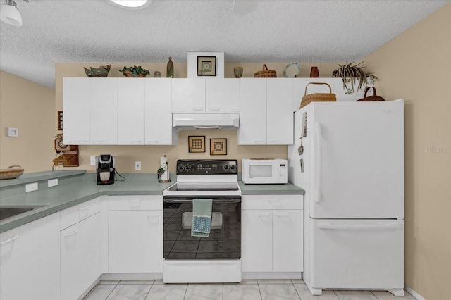 kitchen featuring white cabinetry, white appliances, and a textured ceiling