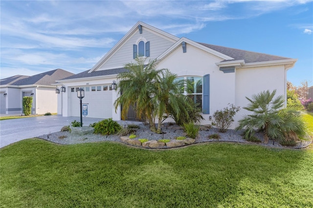 view of front of home with a front yard and a garage