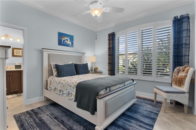 tiled bedroom with ceiling fan, ensuite bathroom, and ornamental molding