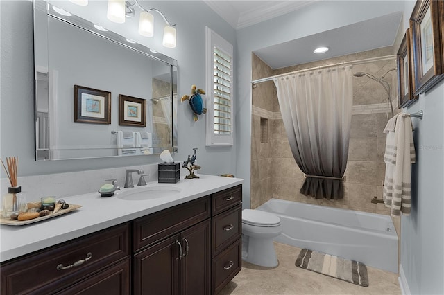 full bathroom featuring toilet, ornamental molding, shower / bath combination with curtain, and vanity