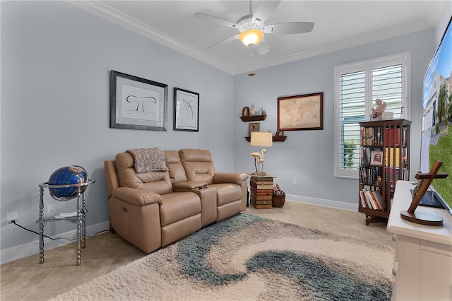 tiled living room featuring ceiling fan and crown molding