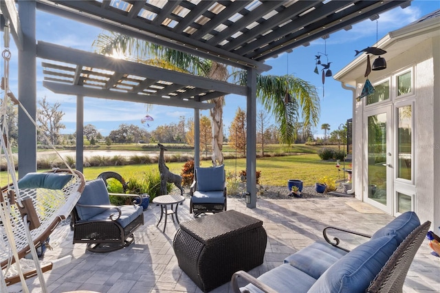 view of patio / terrace with outdoor lounge area and a pergola