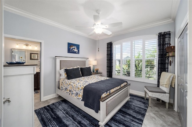 bedroom featuring ceiling fan, light tile patterned floors, ensuite bathroom, and ornamental molding