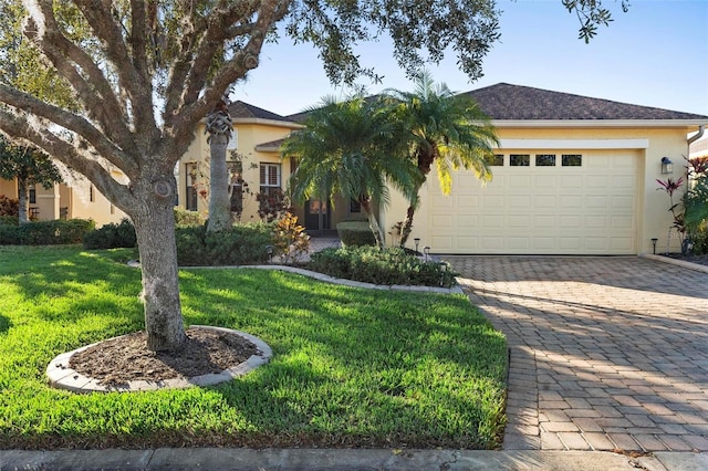 view of front facade with a garage and a front lawn