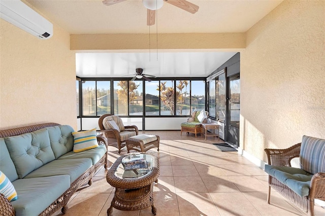 sunroom / solarium with a wall mounted air conditioner and ceiling fan