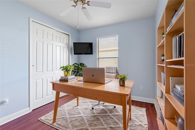 office area with ceiling fan and dark wood-type flooring