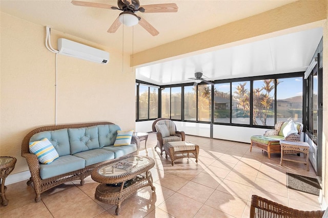 sunroom with a wall mounted air conditioner and ceiling fan