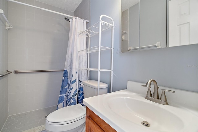 bathroom with walk in shower, vanity, a textured ceiling, and toilet