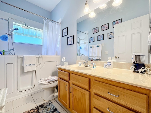 full bathroom featuring tile patterned flooring, vanity, shower / bath combination with curtain, and toilet