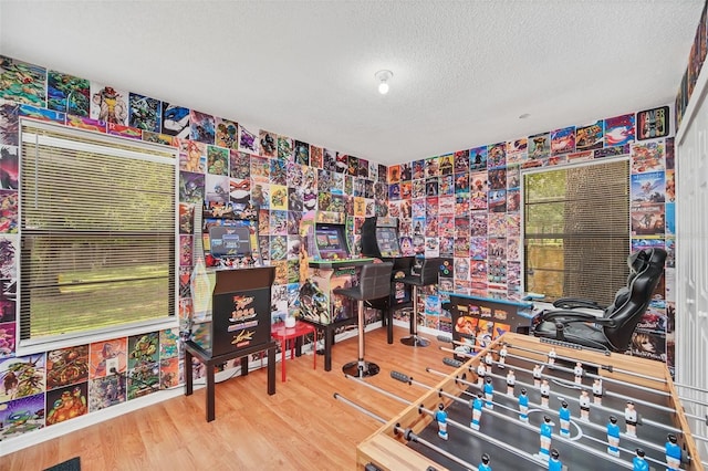 rec room with wood-type flooring and a textured ceiling