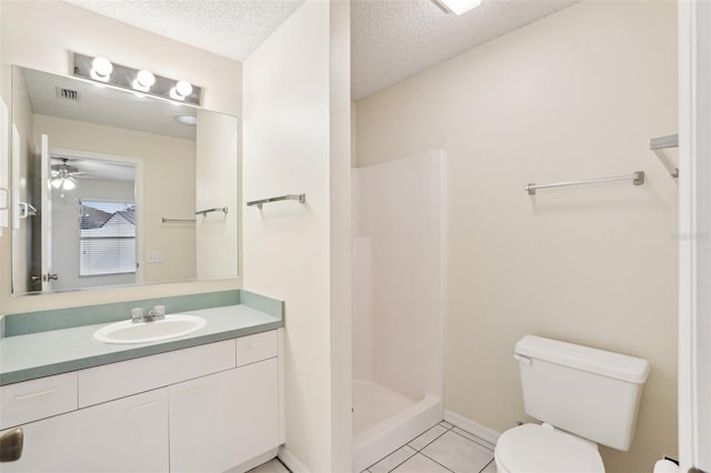 bathroom featuring a textured ceiling, tile patterned flooring, ceiling fan, toilet, and a shower