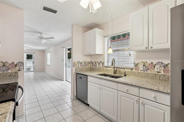 kitchen featuring sink, white cabinetry, dishwasher, black electric range, and ceiling fan