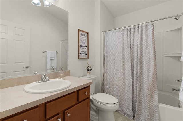 full bathroom with tile patterned floors, vanity, toilet, and shower / tub combo with curtain