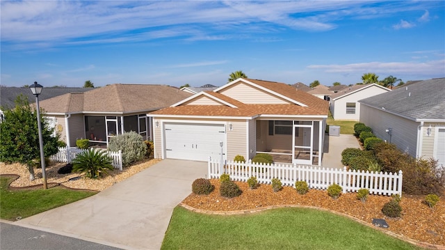 ranch-style house with a garage and a sunroom