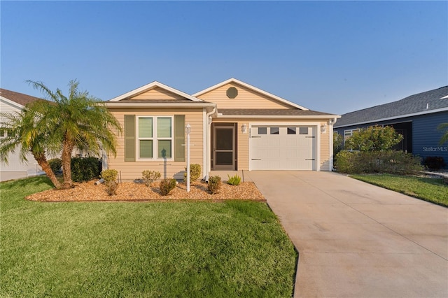 ranch-style home with a front yard and a garage