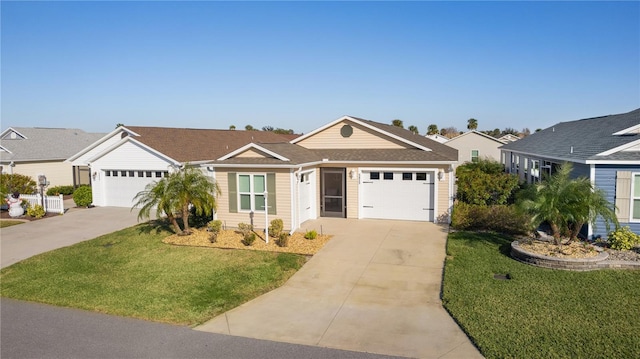 single story home with a garage and a front yard