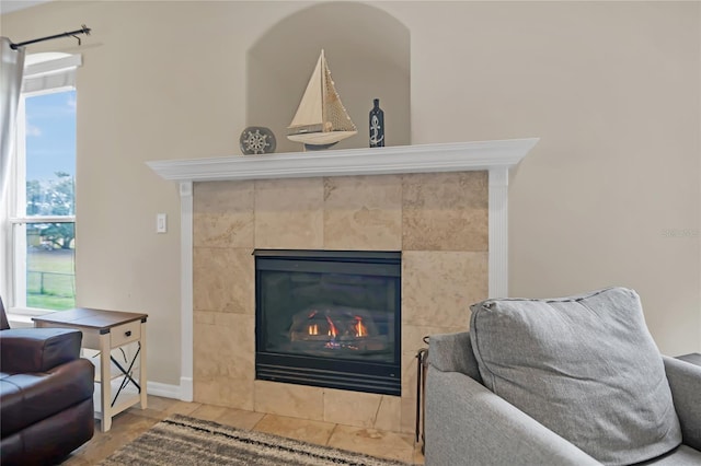 room details with a tile fireplace