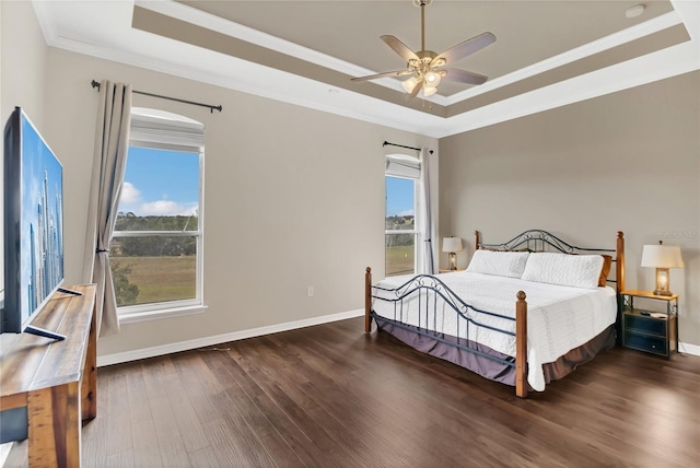 bedroom with a raised ceiling, multiple windows, ceiling fan, and dark hardwood / wood-style floors