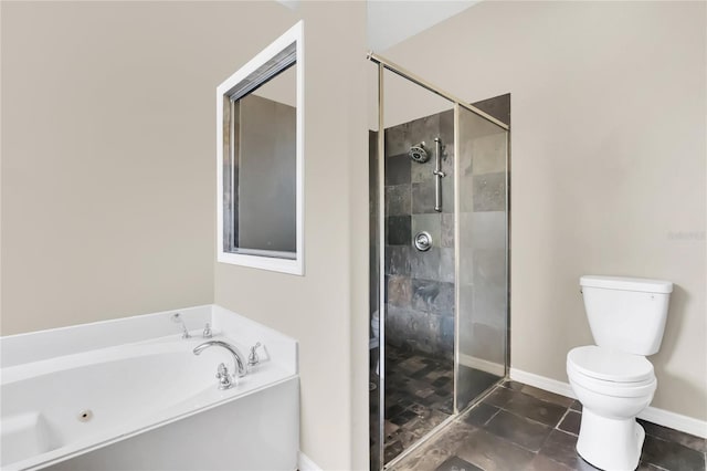 bathroom with tile patterned flooring, toilet, and independent shower and bath