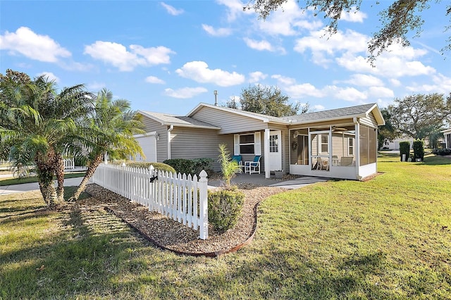 rear view of house featuring a sunroom and a lawn